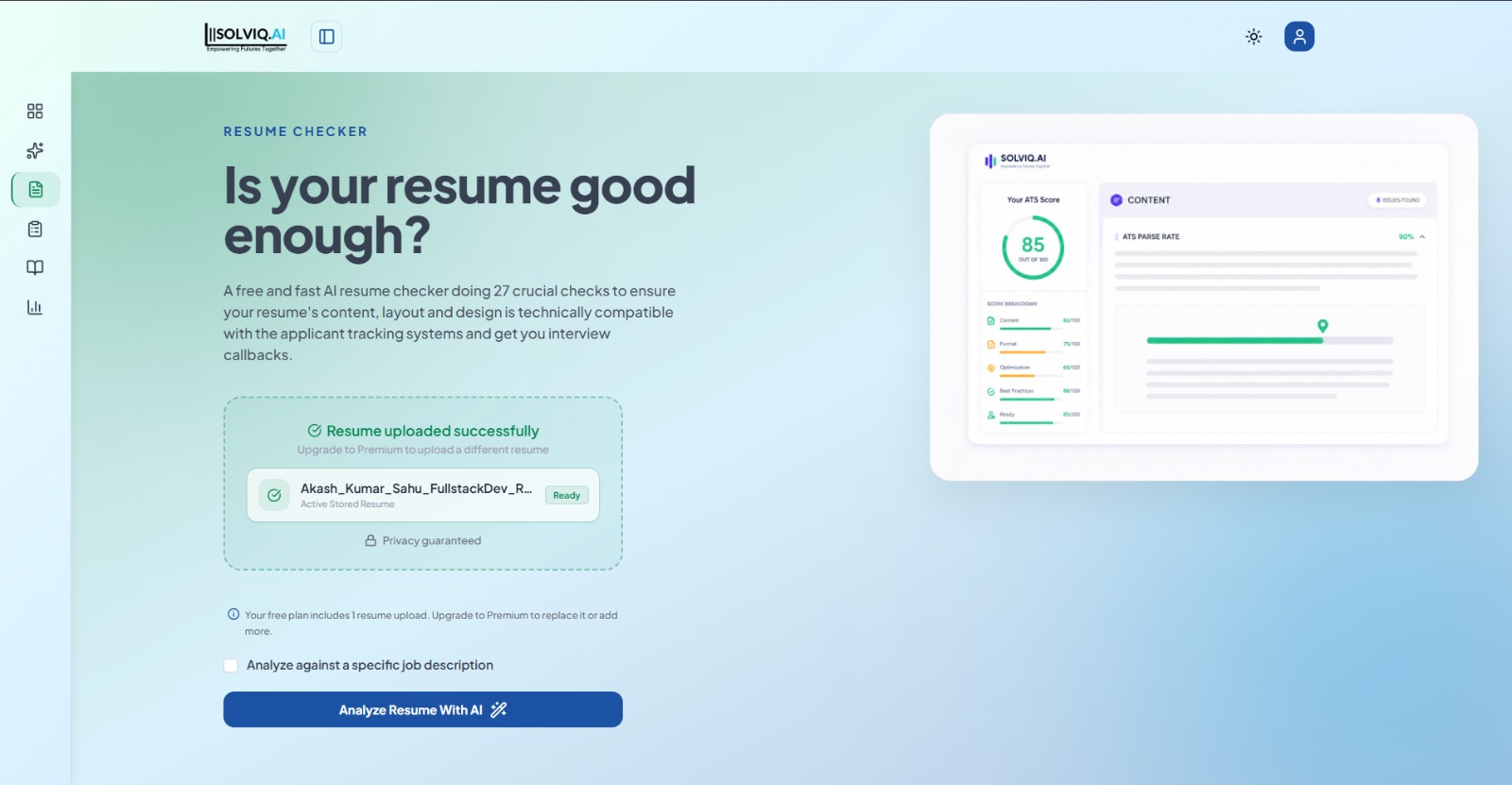 SolviqAI resume checker dashboard